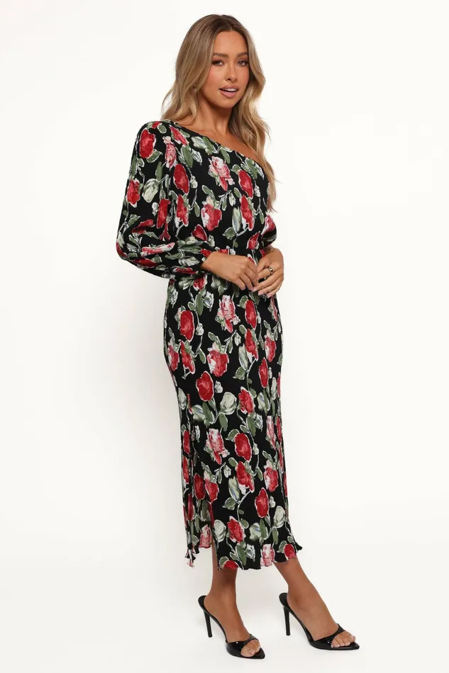 Petal and Pup Pontee One Shoulder Pleated Midi Dress Black Rose Print Women Dresses
