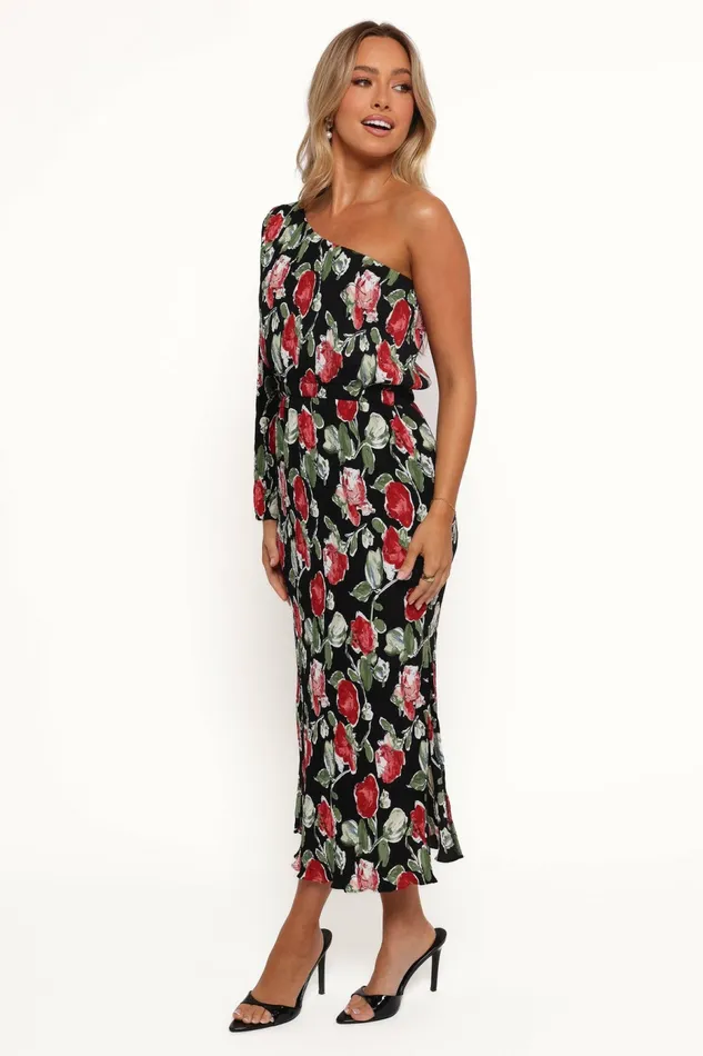 Petal and Pup Pontee One Shoulder Pleated Midi Dress Black Rose Print Women Dresses