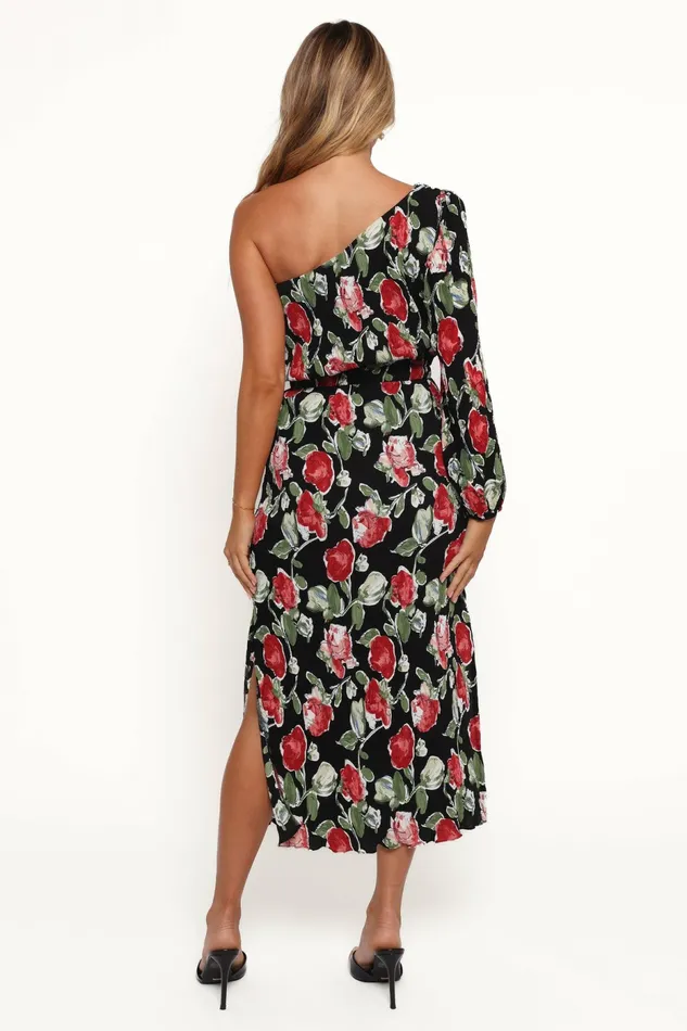 Petal and Pup Pontee One Shoulder Pleated Midi Dress Black Rose Print Women Dresses