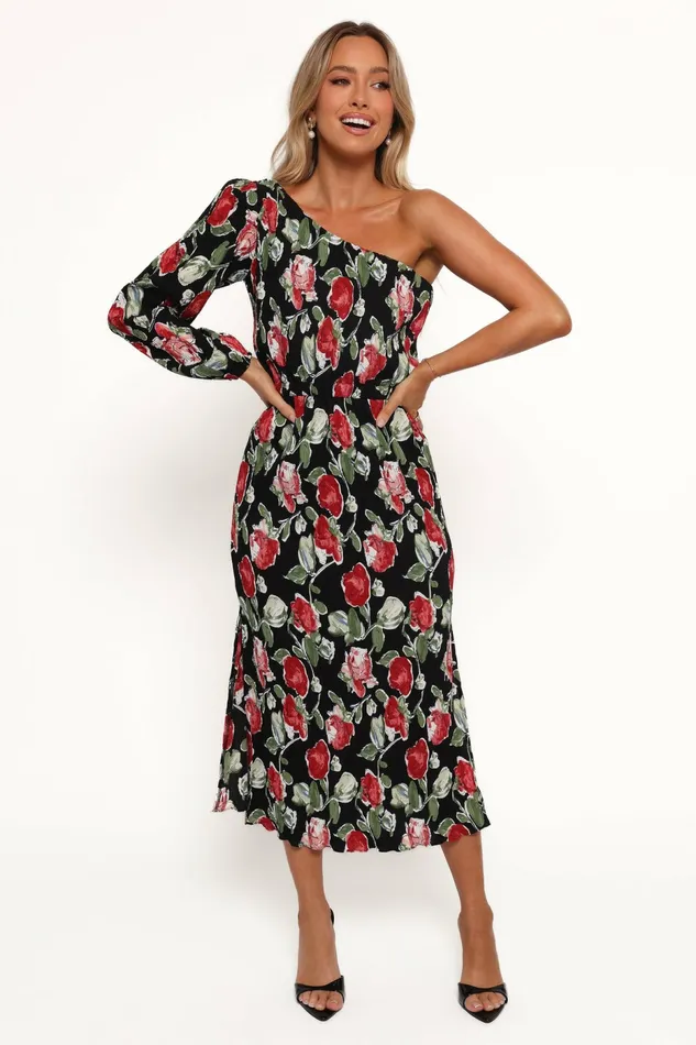 Petal and Pup Pontee One Shoulder Pleated Midi Dress Black Rose Print Women Dresses