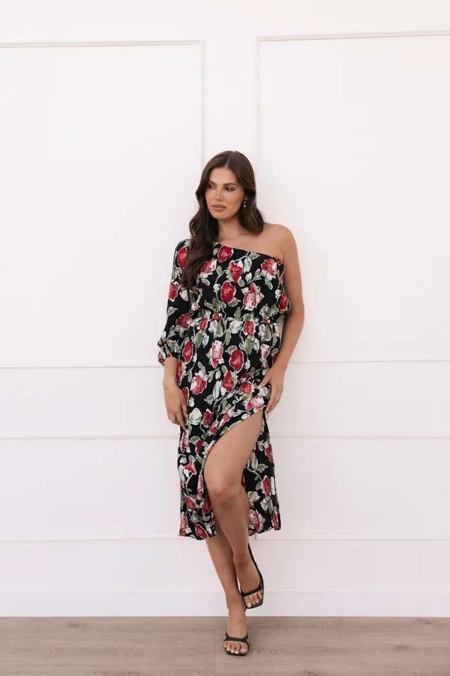Petal and Pup Pontee One Shoulder Pleated Midi Dress Black Rose Print Women Dresses