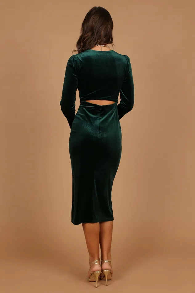 Petal and Pup Winter Dresses Women Lisse Twist Front Long Sleeve Velvet Midi Dress Emerald