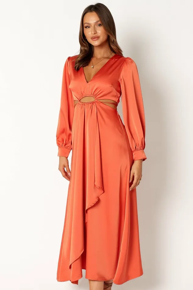 Peyton Long Sleeve Midi Dress Orange Long Sleeve Dresses Petal and Pup Women