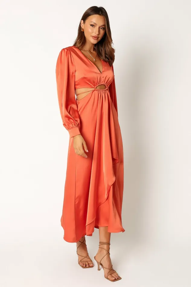 Peyton Long Sleeve Midi Dress Orange Long Sleeve Dresses Petal and Pup Women