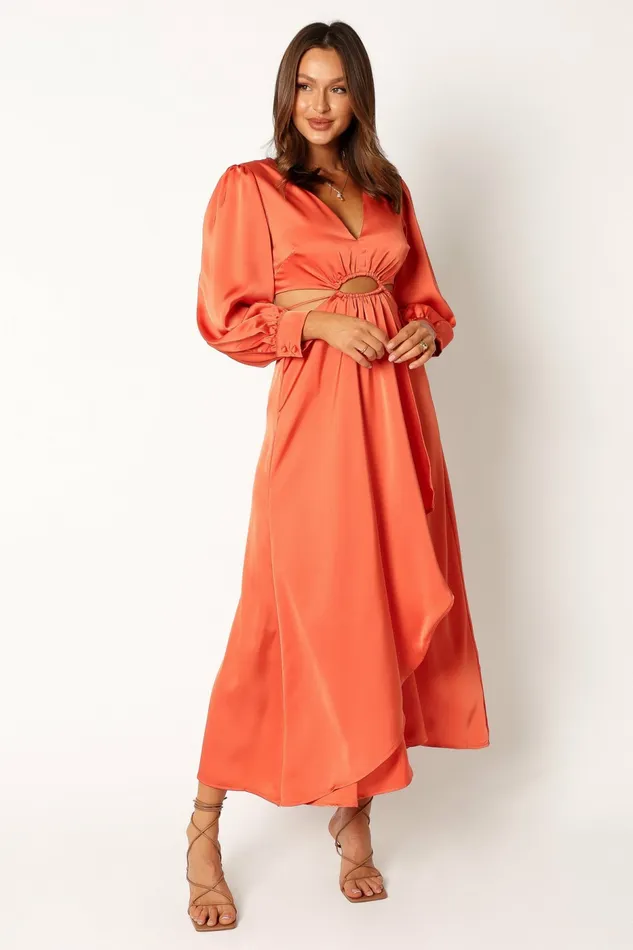 Peyton Long Sleeve Midi Dress Orange Long Sleeve Dresses Petal and Pup Women