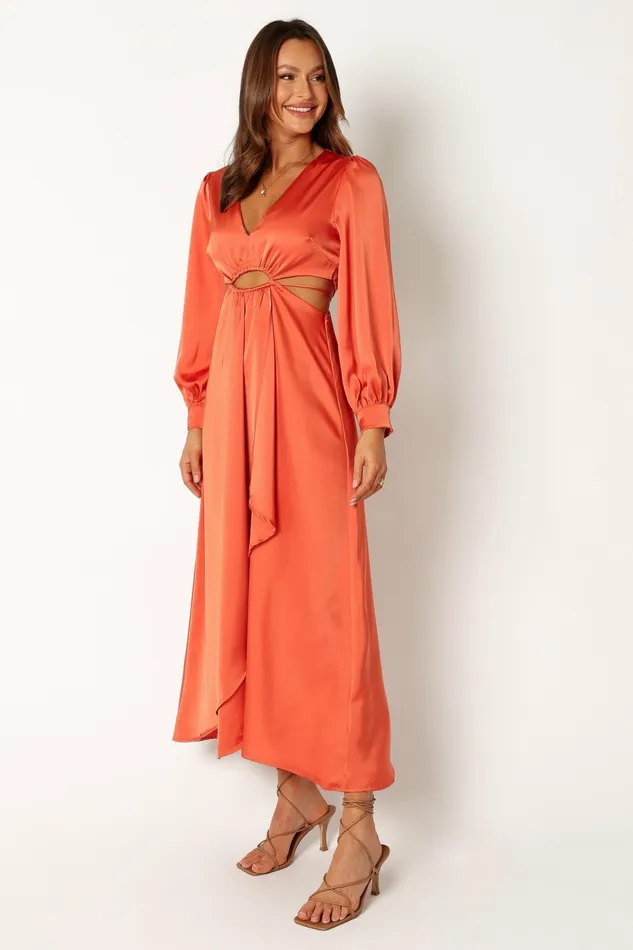 Peyton Long Sleeve Midi Dress Orange Long Sleeve Dresses Petal and Pup Women
