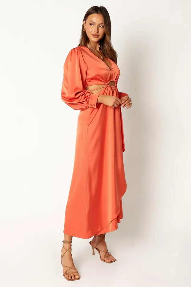 Peyton Long Sleeve Midi Dress Orange Long Sleeve Dresses Petal and Pup Women