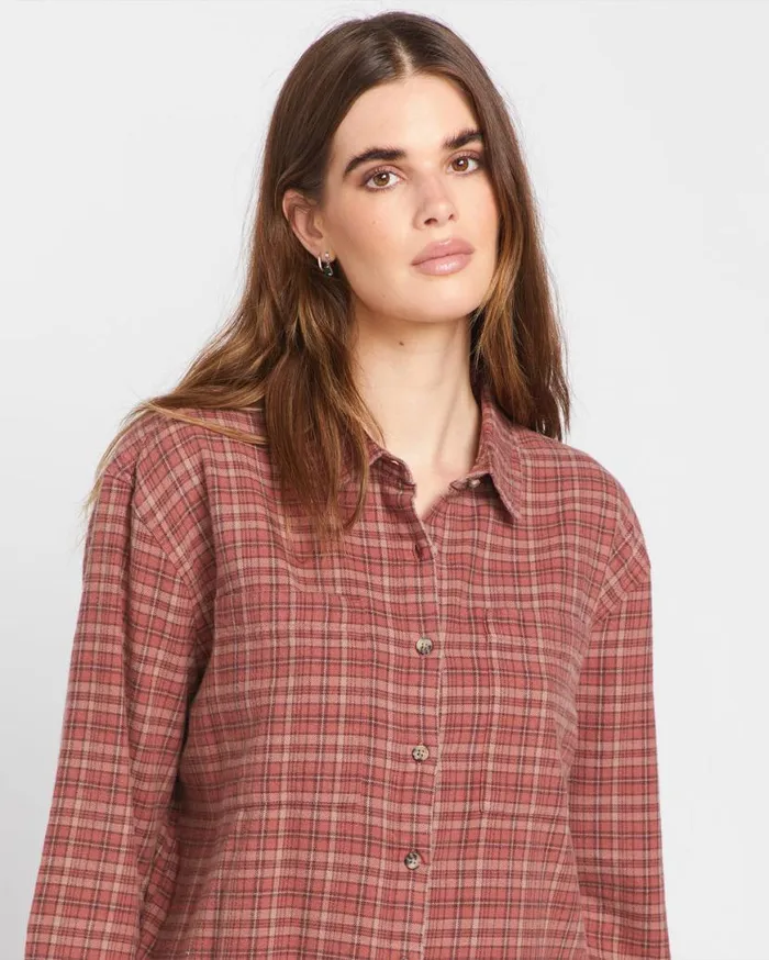 Plaid To Meet U 2 Long Sleeve Shirt 8211 Chestnut Brown Womens Volcom Tops