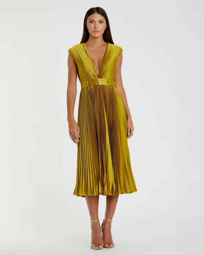 Pleated Cap Sleeve Belted A Line Dress Chartreuse Women Cocktail Dresses Mac Duggal