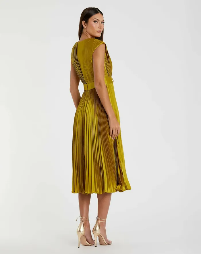 Pleated Cap Sleeve Belted A Line Dress Chartreuse Women Cocktail Dresses Mac Duggal