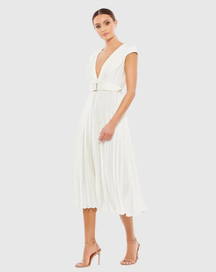 Pleated Cap Sleeve Belted A Line Dress Chartreuse Women Cocktail Dresses Mac Duggal