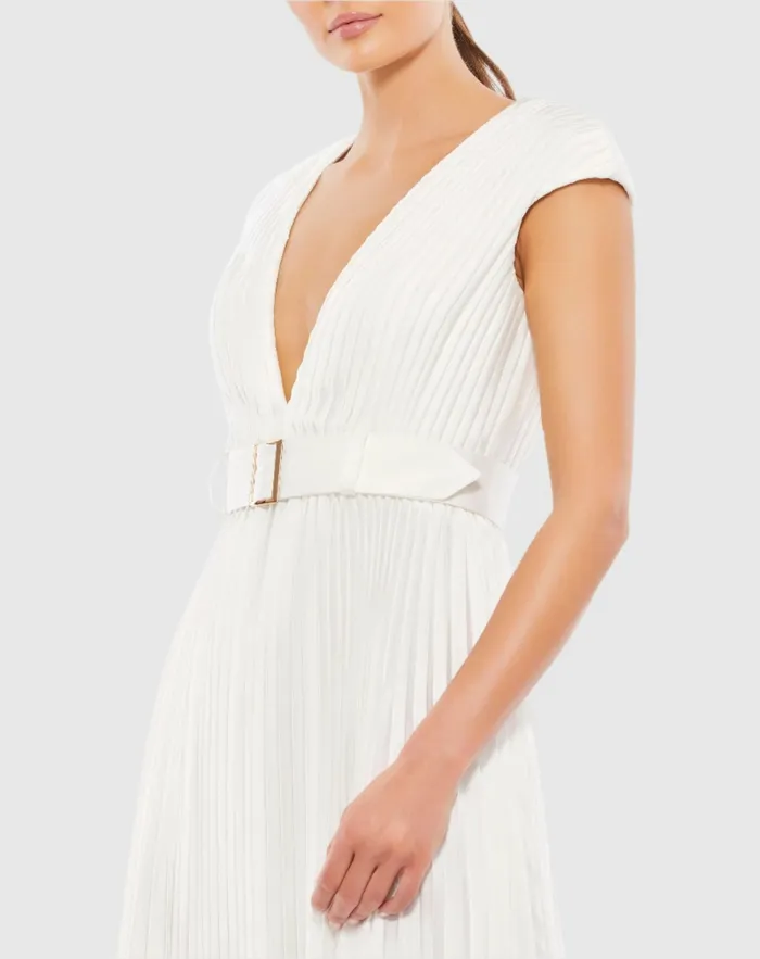 Pleated Cap Sleeve Belted A Line Dress Chartreuse Women Cocktail Dresses Mac Duggal