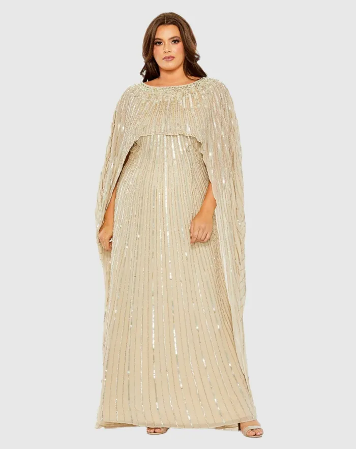 Plus Size Dresses Embellished Column Cape Dress Champagne Mac Duggal Women