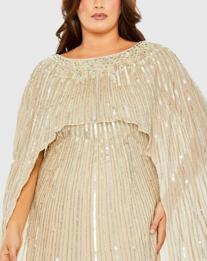 Plus Size Dresses Embellished Column Cape Dress Champagne Mac Duggal Women