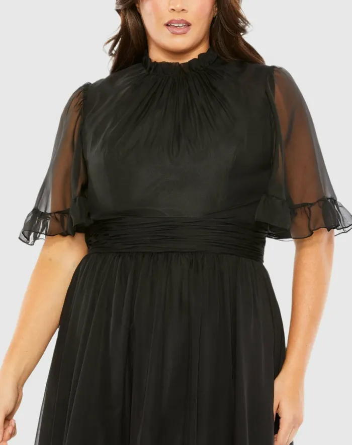Plus Size Dresses High Neck Flutter Sleeve Ruffle Tiered High Low Gown Black Mac Duggal Women