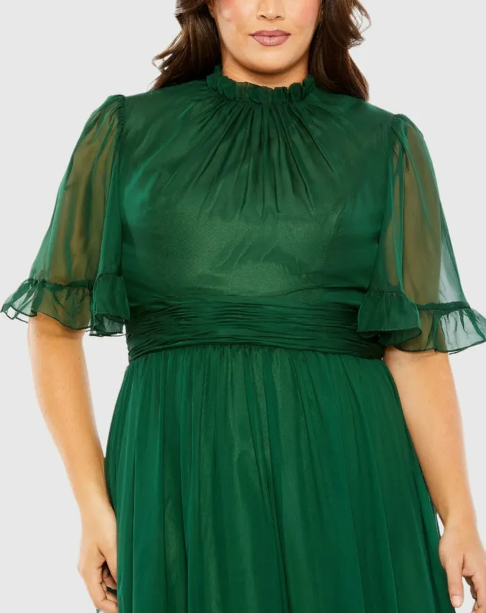 Plus Size Dresses High Neck Flutter Sleeve Ruffle Tiered High Low Gown Black Mac Duggal Women