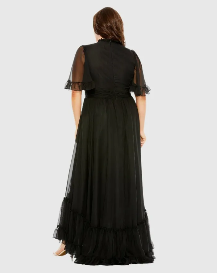 Plus Size Dresses High Neck Flutter Sleeve Ruffle Tiered High Low Gown Black Mac Duggal Women