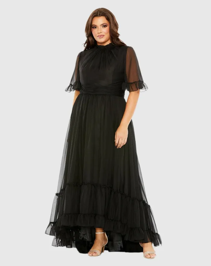 Plus Size Dresses High Neck Flutter Sleeve Ruffle Tiered High Low Gown Black Mac Duggal Women
