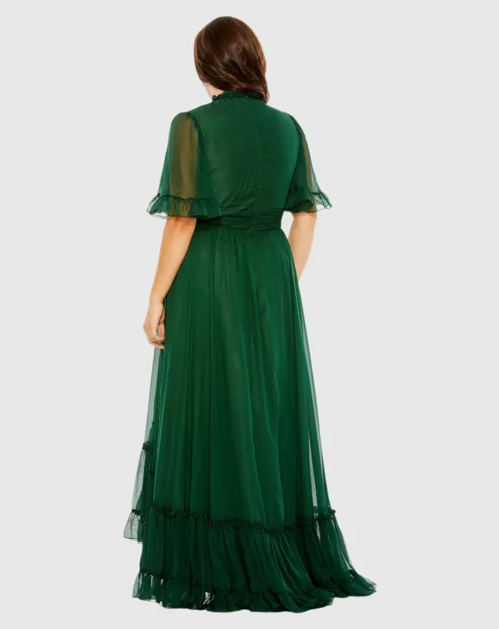Plus Size Dresses High Neck Flutter Sleeve Ruffle Tiered High Low Gown Black Mac Duggal Women