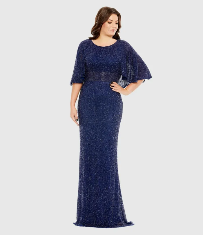 Plus Size Dresses Mac Duggal Women Embellished Cape Sleeve Dress Midnight