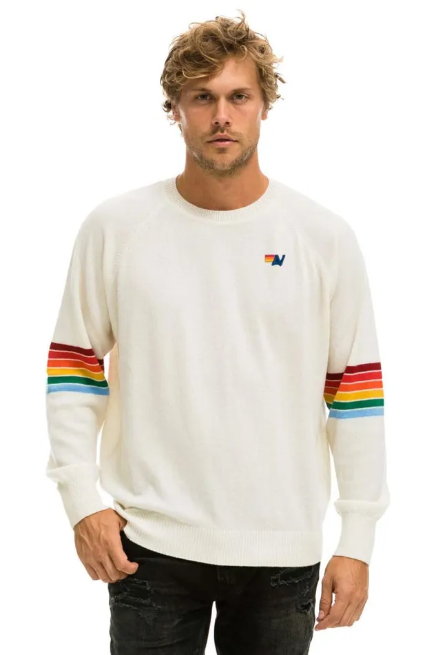 Rainbow Stripe Sleeve Unisex Cashmere Light Sweater 8211 Vintage White Men Aviator Nation Sweatshirts