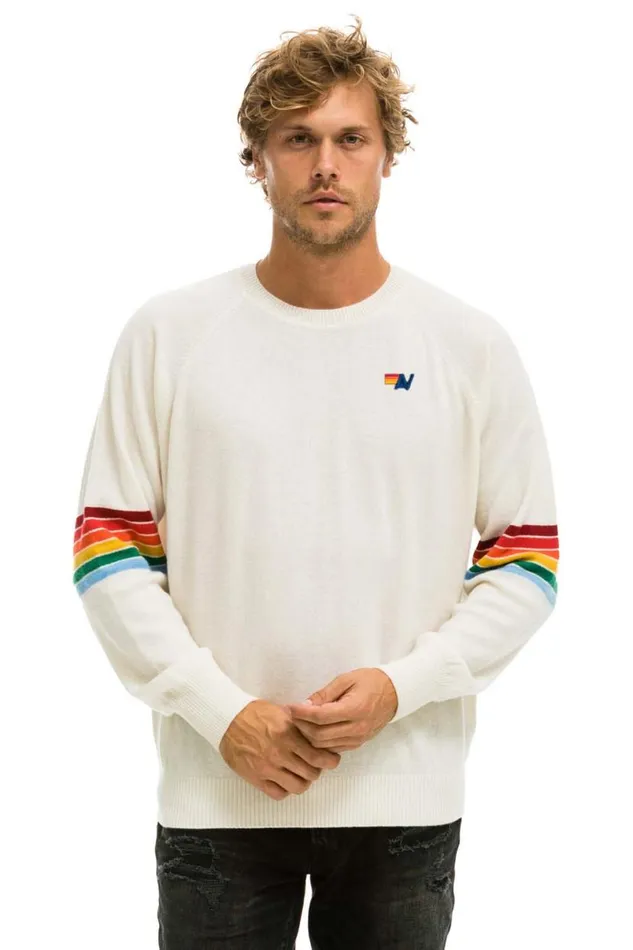 Rainbow Stripe Sleeve Unisex Cashmere Light Sweater 8211 Vintage White Men Aviator Nation Sweatshirts