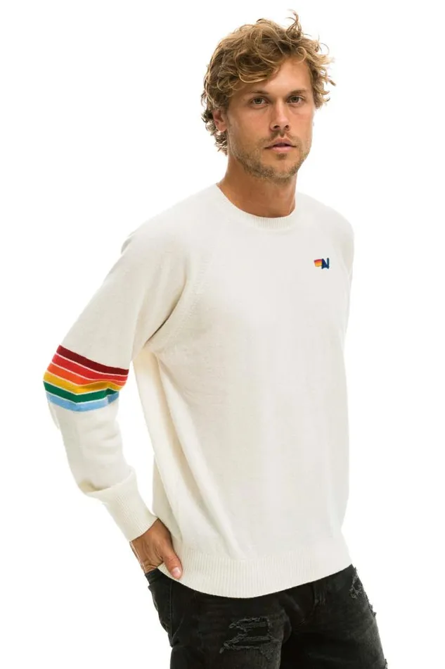 Rainbow Stripe Sleeve Unisex Cashmere Light Sweater 8211 Vintage White Men Aviator Nation Sweatshirts