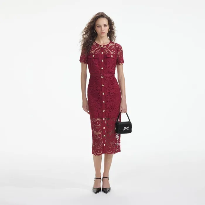 Red Guipure Lace Button Midi Dress Women Self Portrait Dresses Red Guipure Lace Button Midi Dress Women Self Portrait Dresses