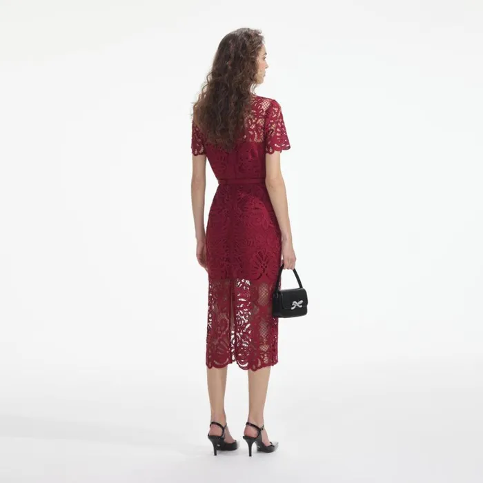 Red Guipure Lace Button Midi Dress Women Self Portrait Dresses Red Guipure Lace Button Midi Dress Women Self Portrait Dresses