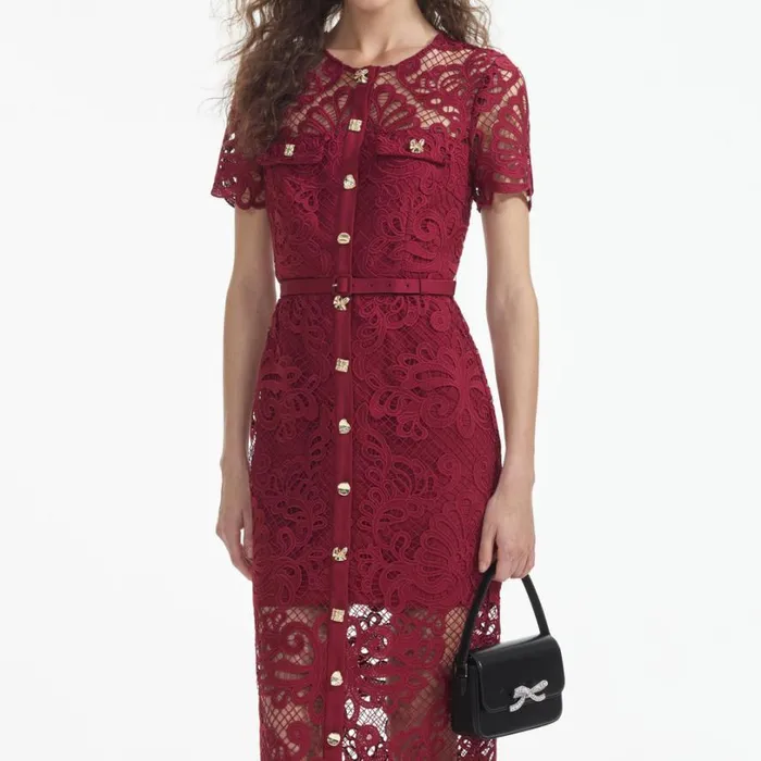 Red Guipure Lace Button Midi Dress Women Self Portrait Dresses Red Guipure Lace Button Midi Dress Women Self Portrait Dresses