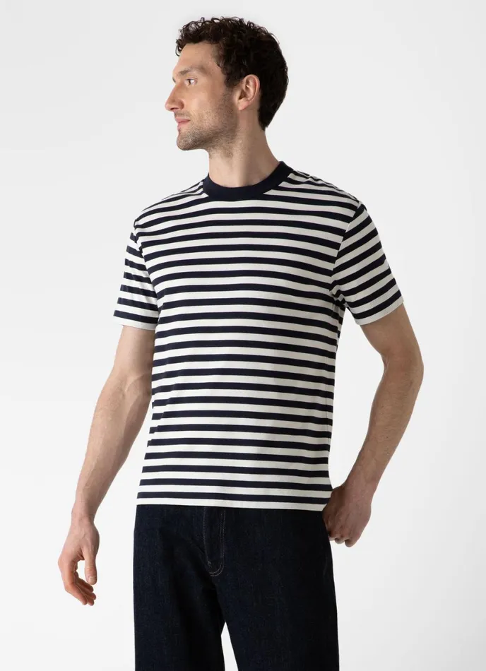 Relaxed Fit Heavyweight Tshirt Navyecru Block Stripe Men SUNSPEL Tshirts