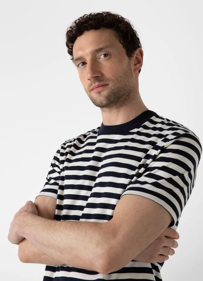 Relaxed Fit Heavyweight Tshirt Navyecru Block Stripe Men SUNSPEL Tshirts