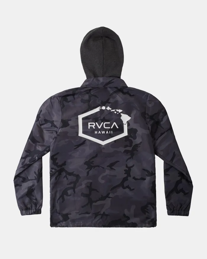 RVCA Jackets Island Hex Hooded Coaches Jacket Black Camo 8211 Men