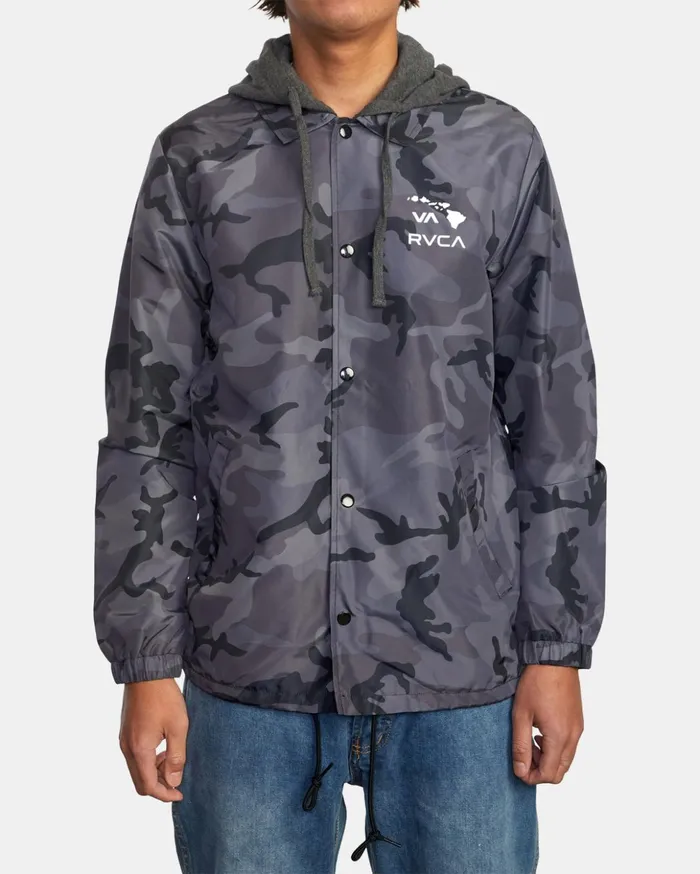 RVCA Jackets Island Hex Hooded Coaches Jacket Black Camo 8211 Men