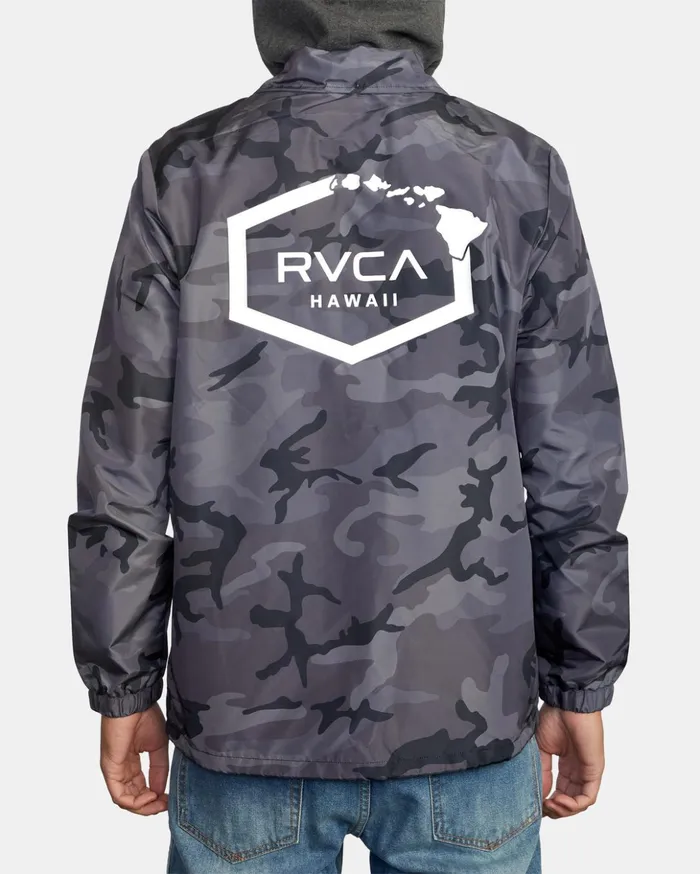 RVCA Jackets Island Hex Hooded Coaches Jacket Black Camo 8211 Men