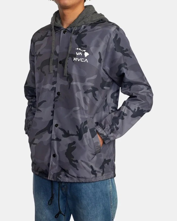RVCA Jackets Island Hex Hooded Coaches Jacket Black Camo 8211 Men