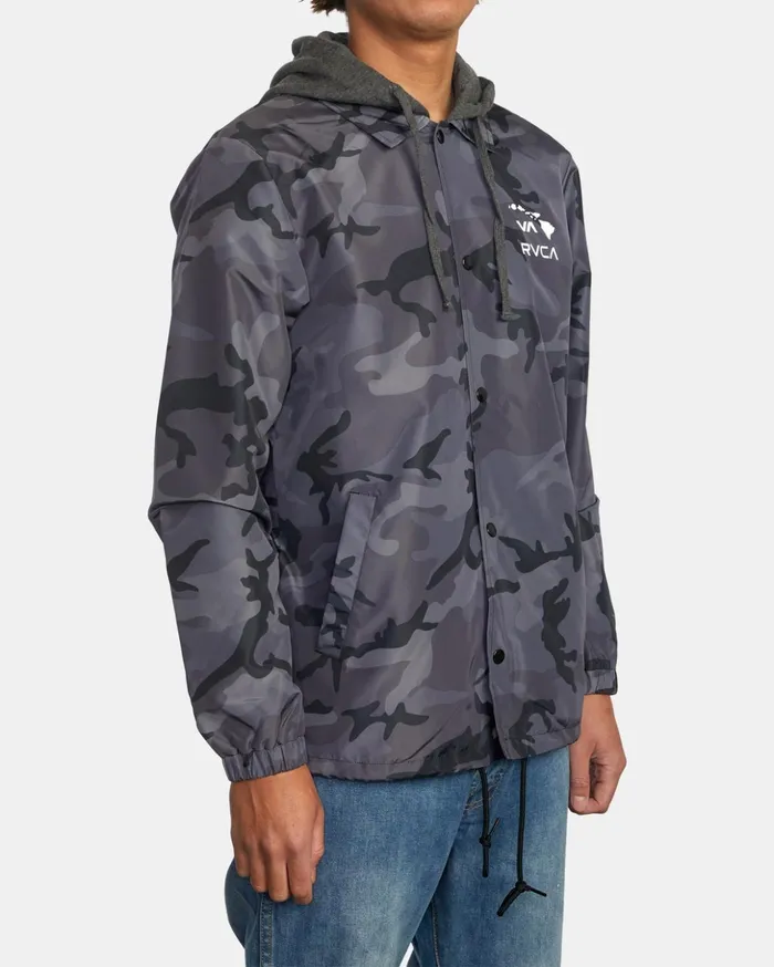 RVCA Jackets Island Hex Hooded Coaches Jacket Black Camo 8211 Men