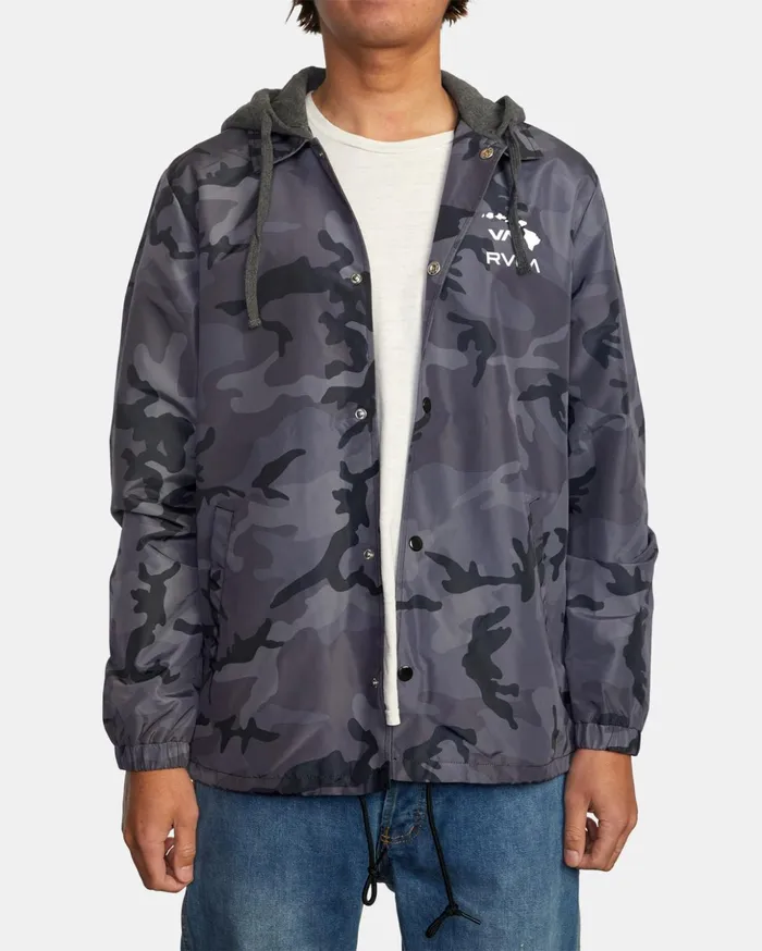 RVCA Jackets Island Hex Hooded Coaches Jacket Black Camo 8211 Men
