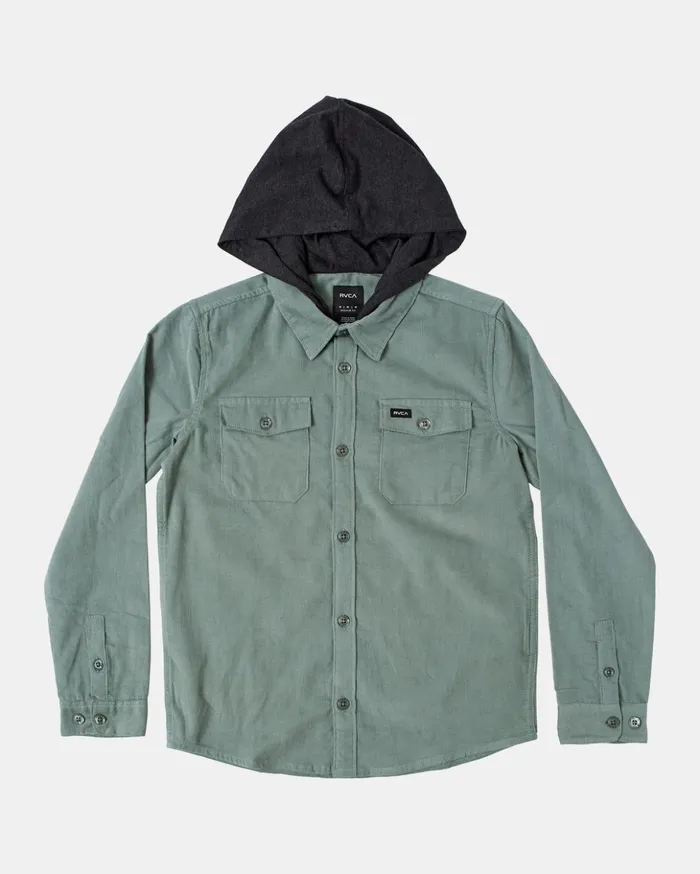 RVCA Shirts Flannels Boy039s Husker Hooded Long Sleeve Flannel ShirtWeight Jade 8211 Boys