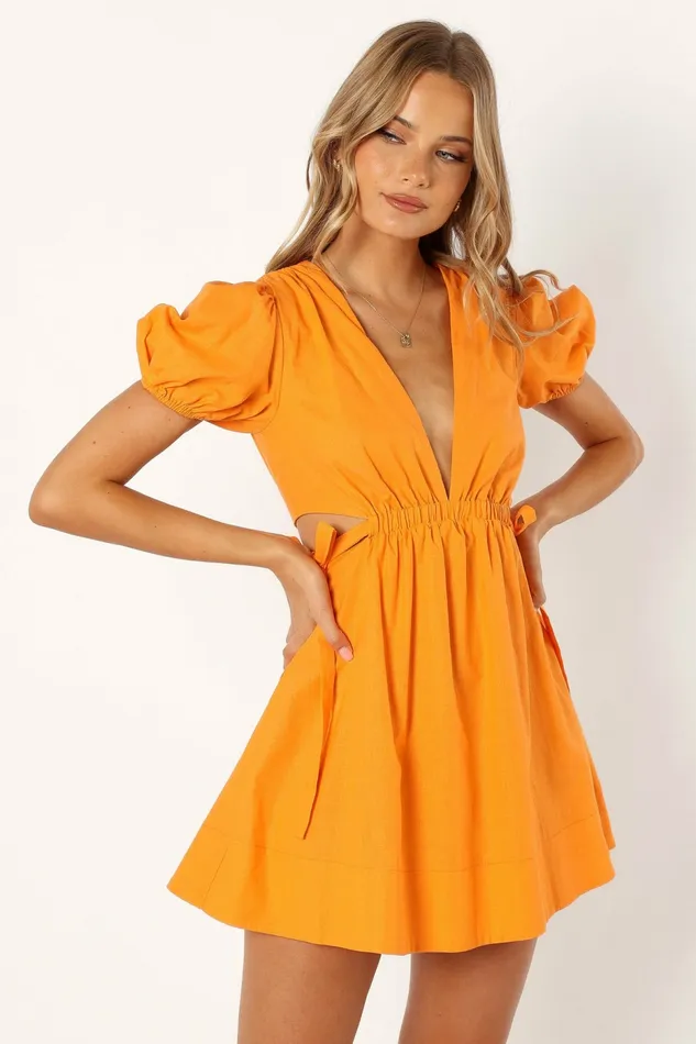 Sachie Cut Out Mini Dress Orange Women Linen Dresses Petal and Pup