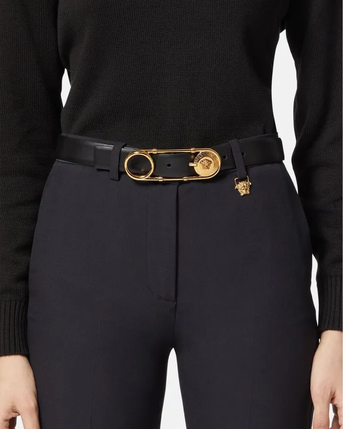 Safety Pin Leather Belt 3 Cm Blackgold Women Versace Belts