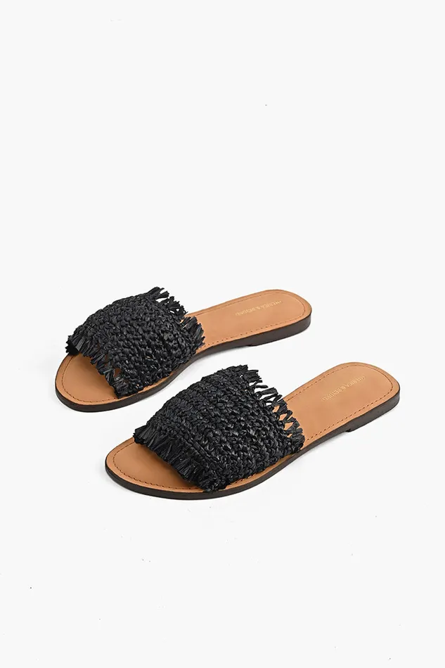 Sandals America and Beyond Women Boho Bliss Black Raffia Slide Sandals Sandals America and Beyond Women Boho Bliss Black Raffia Slide Sandals