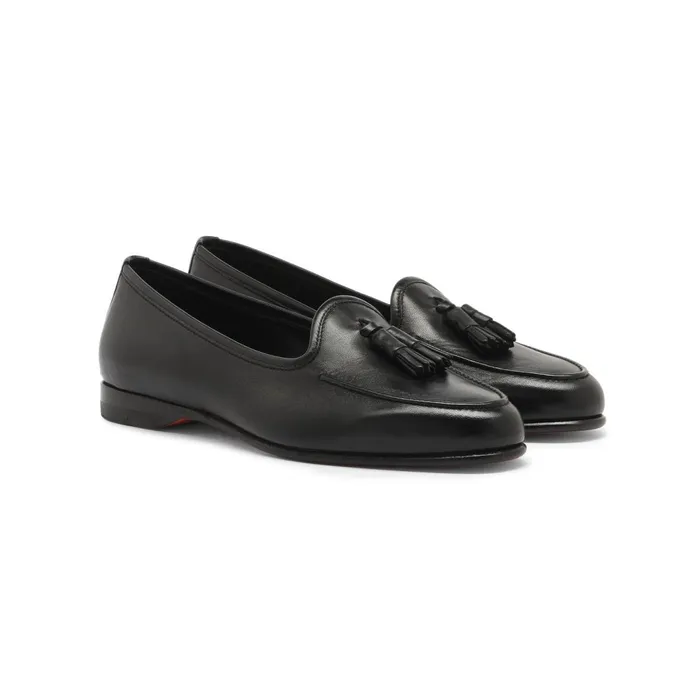 Santoni Black Leather Andrea Tassel Loafer Women Loafers