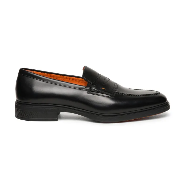 Santoni Black Leather Easy Loafer Men Loafers
