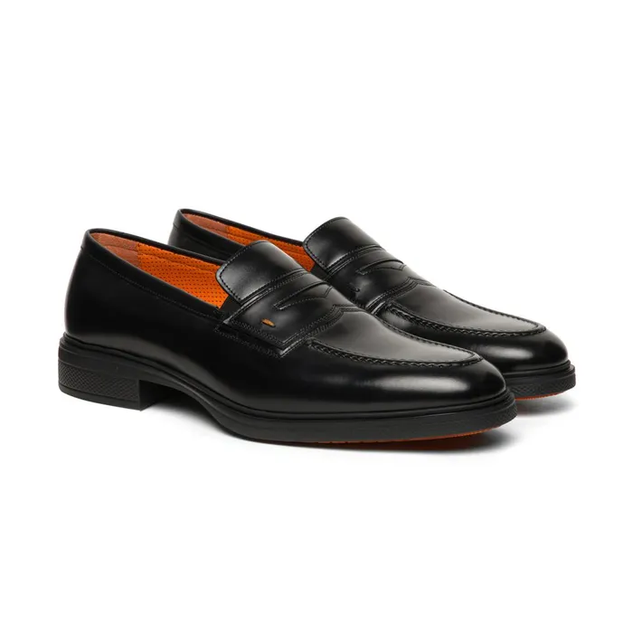 Santoni Black Leather Easy Loafer Men Loafers