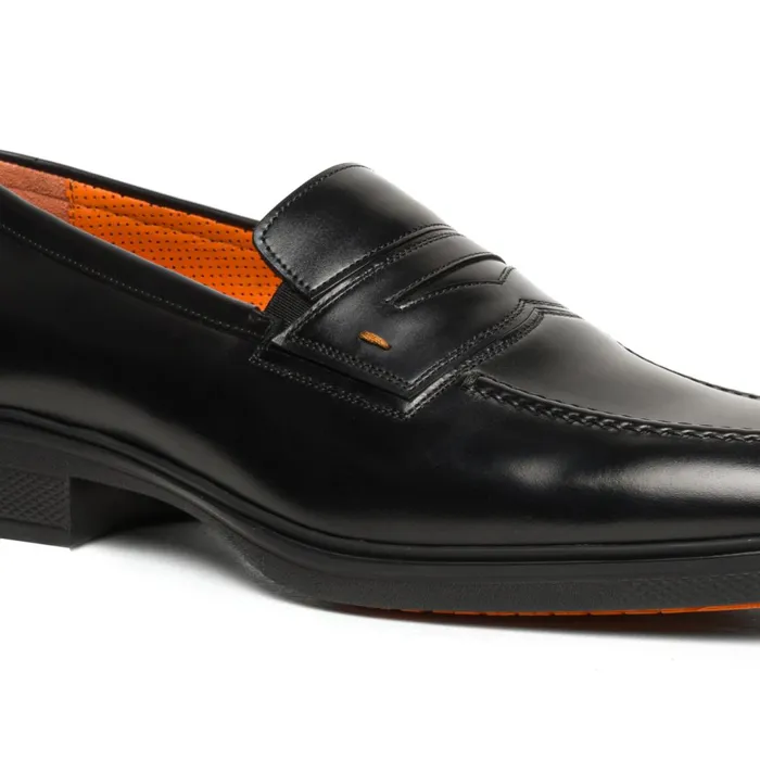 Santoni Black Leather Easy Loafer Men Loafers
