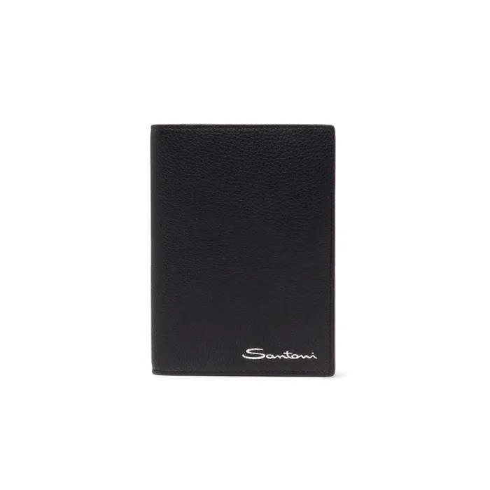 Santoni Black Tumbled Leather Passport Case Men Small Leather Goods