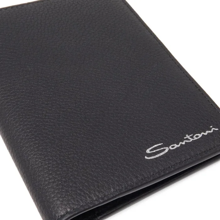 Santoni Black Tumbled Leather Passport Case Men Small Leather Goods