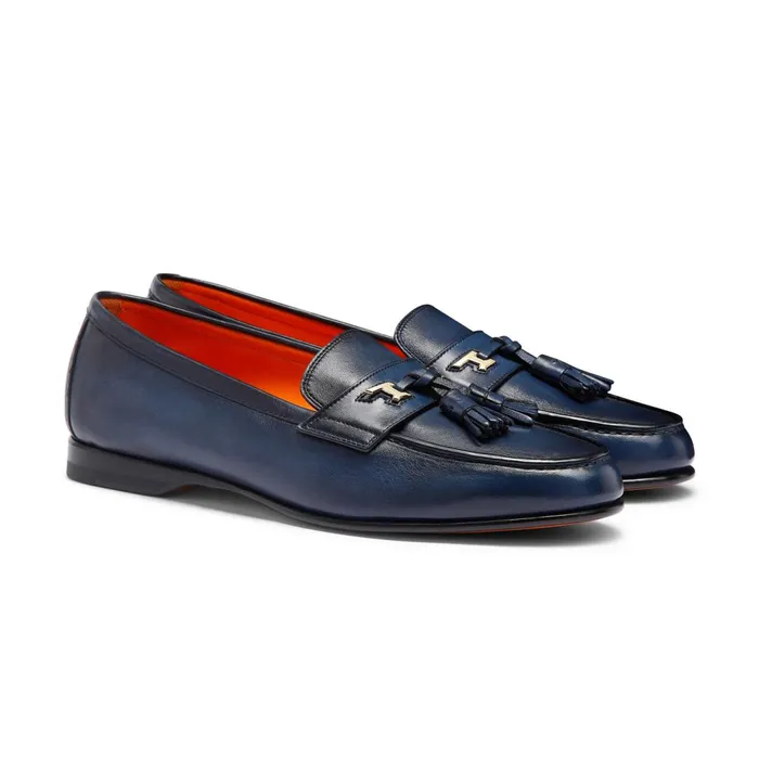 Santoni Blue Leather Andrea Tassel Loafer Men Loafers