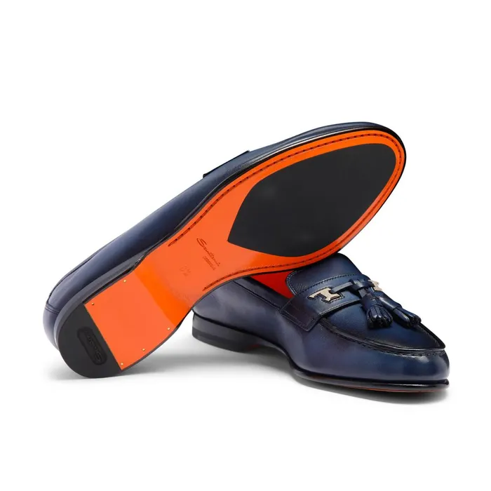 Santoni Blue Leather Andrea Tassel Loafer Men Loafers